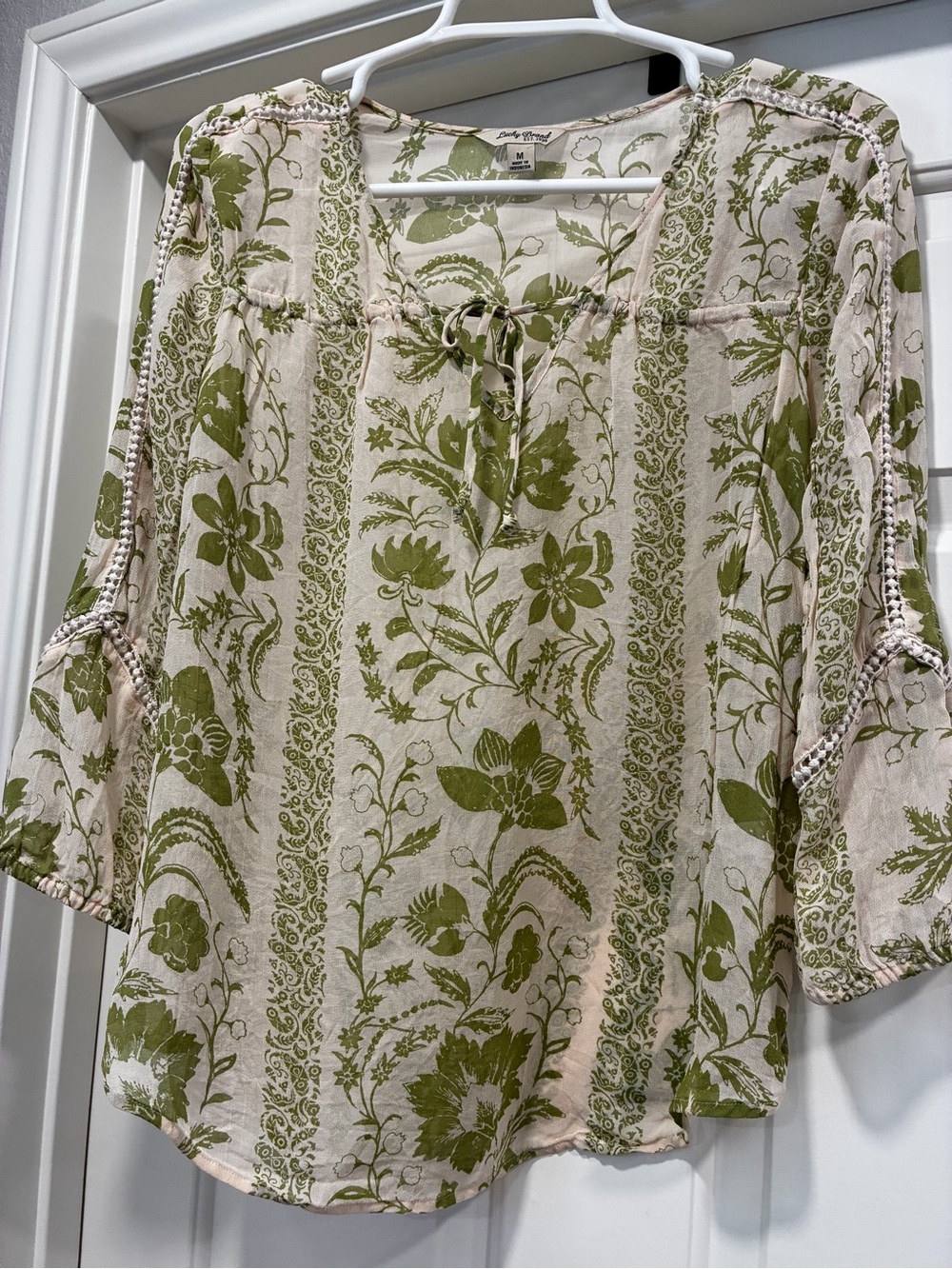 Lucky Brand Cream Blouse with Olive Green Floral Stripes